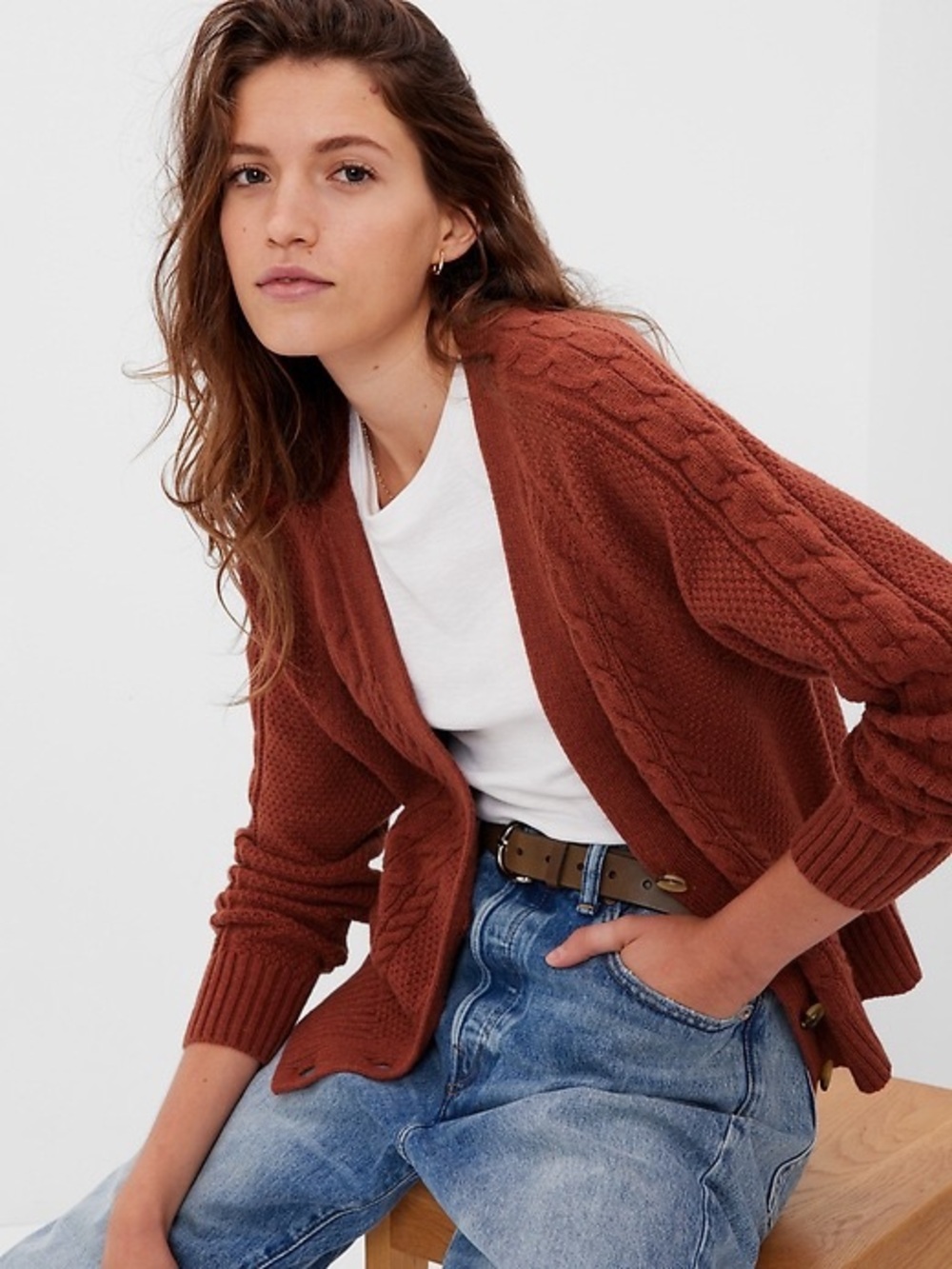 Gap Wool Blend Cable Knit Button Front V-Neck Cardigan Burnt Rust Orange